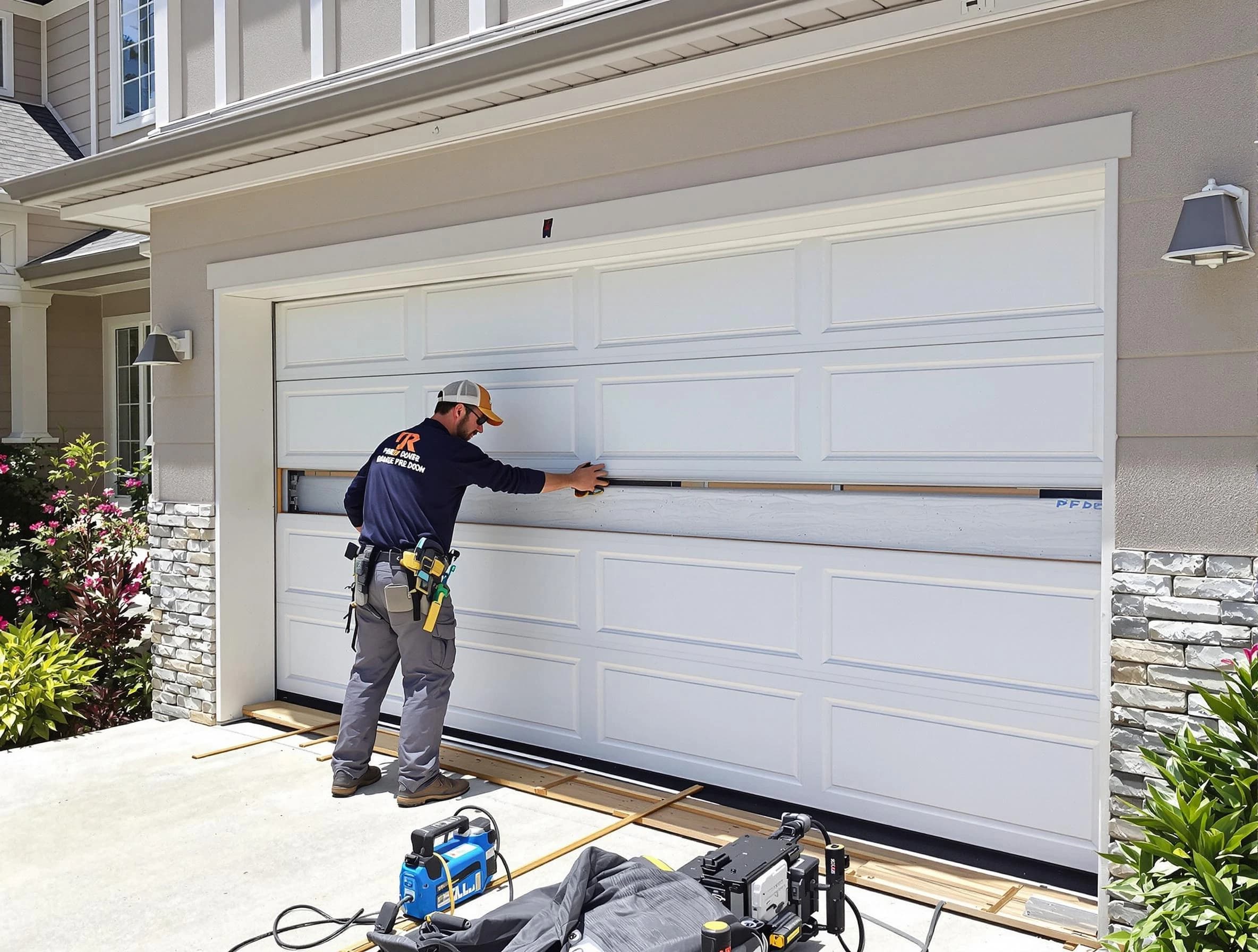 Cambridge Garage Door Repair team performing complete garage door replacement at Cambridge residence