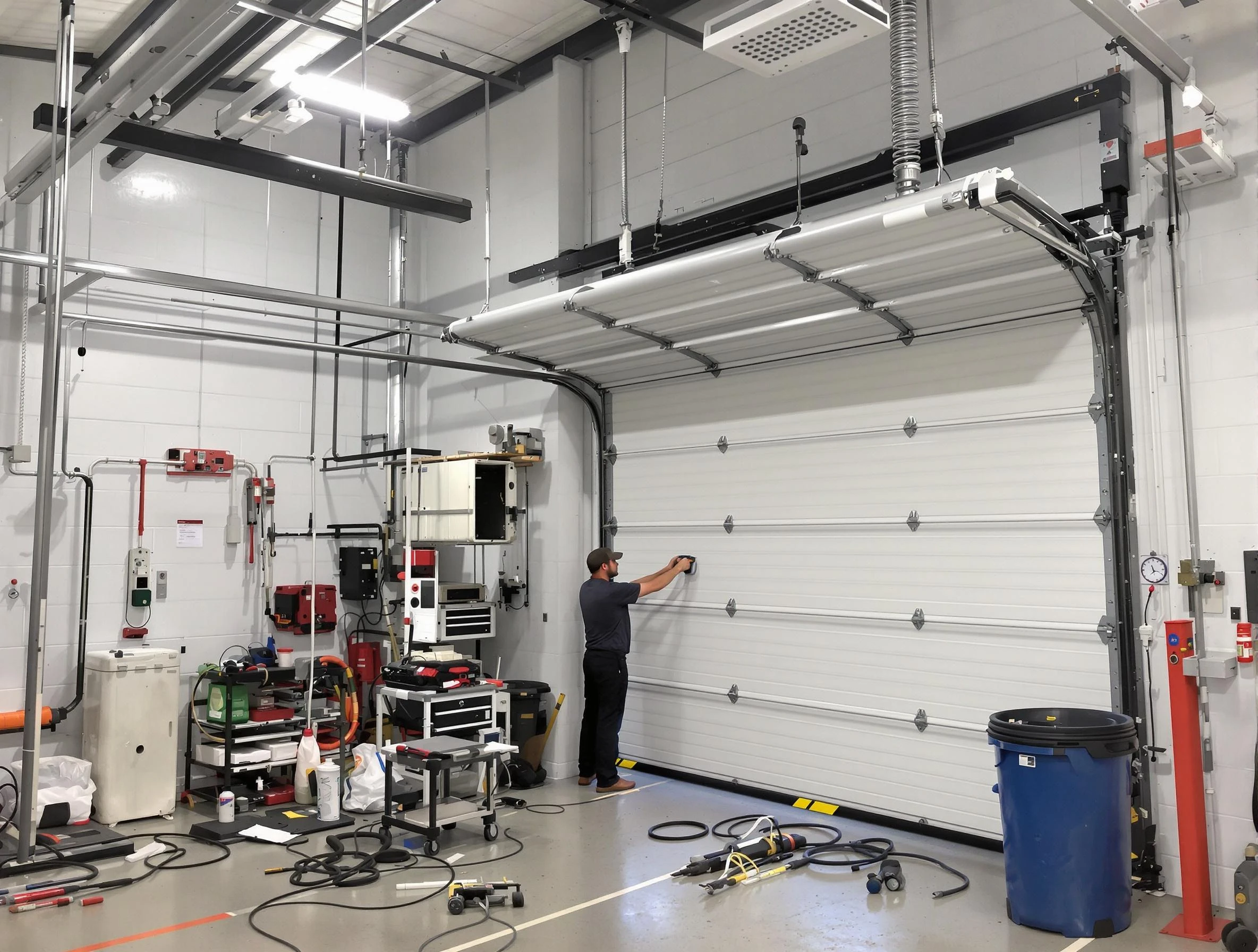 Cambridge Garage Door Repair certified technician performing commercial door repair at a Cambridge business facility