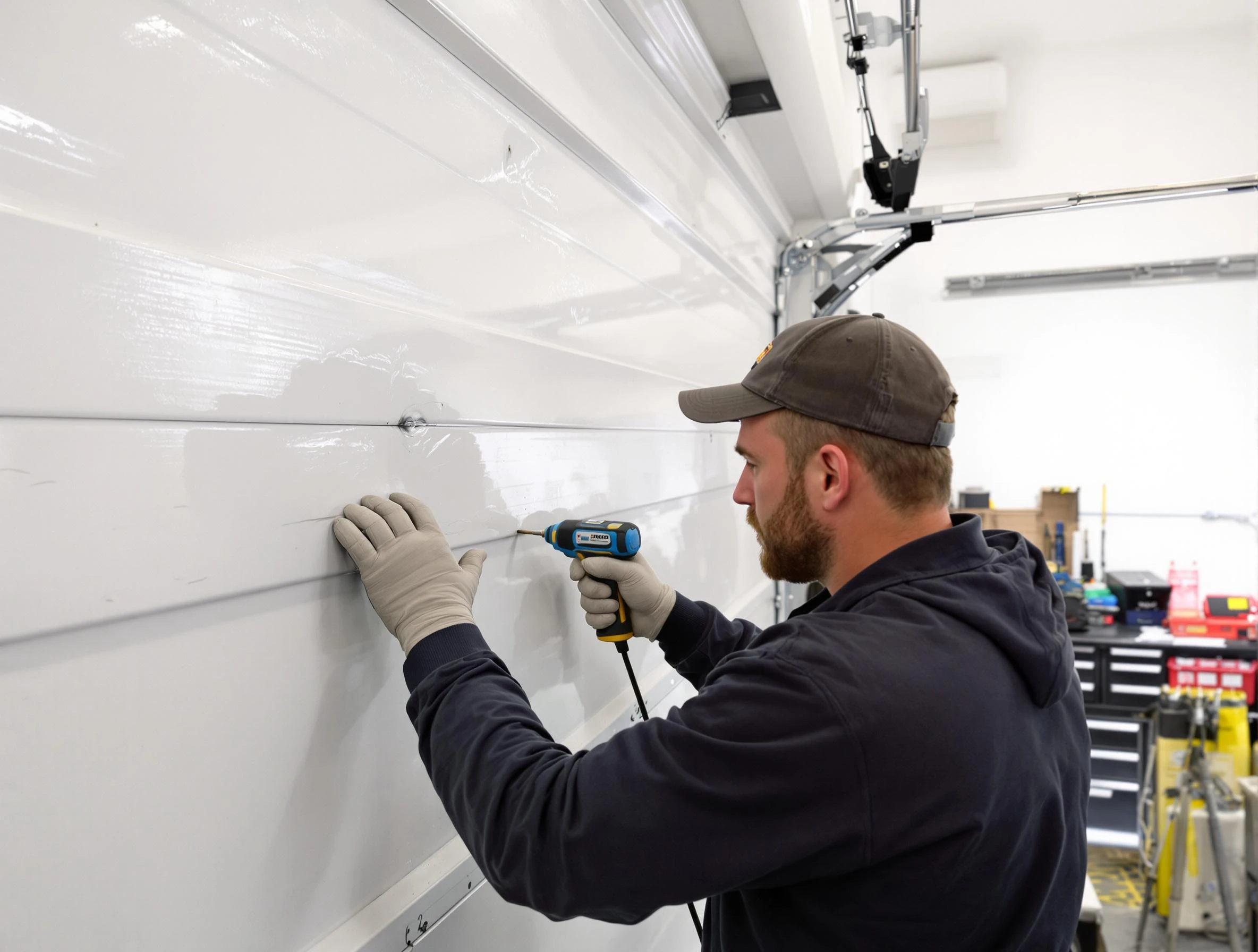 Cambridge Garage Door Repair technician demonstrating precision dent removal techniques on a Cambridge garage door